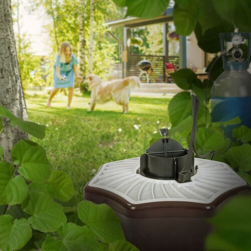 Ein Mädchen spielt mit einem Hund im Garten und die Biogents-Mosquitaire CO2 Mückenfalle liegt unter einem Baum. 